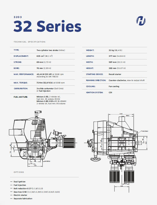 Hirth 3203 2 cycle 65hp Dual ignition, Duel carburetor
